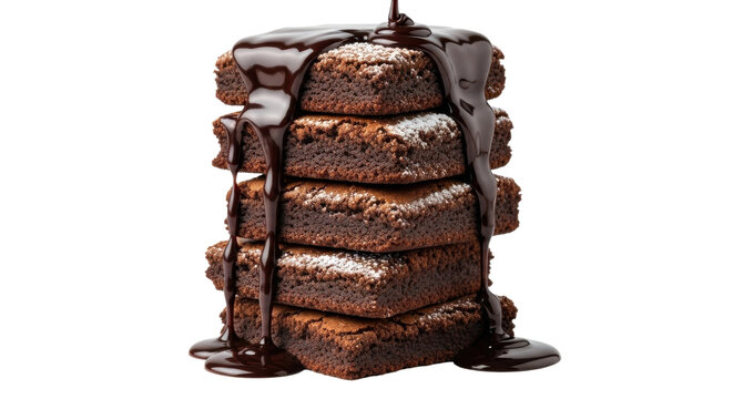 Stack of rich chocolate brownies with dark chocolate sauce dripping dessert sweet
