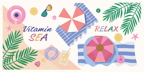 Tropical summer illustration with beach umbrella palm leaves and vitamin sea relax typography high quality © Milon