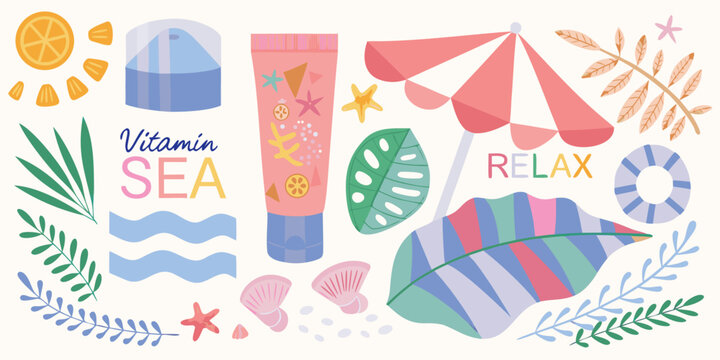 Summer vacation illustration with sunscreen beach umbrella and tropical leaves on a pastel background