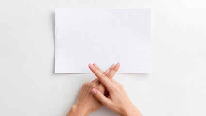 Obraz premium Woman's Hands Crossed Above Blank Paper on White Background