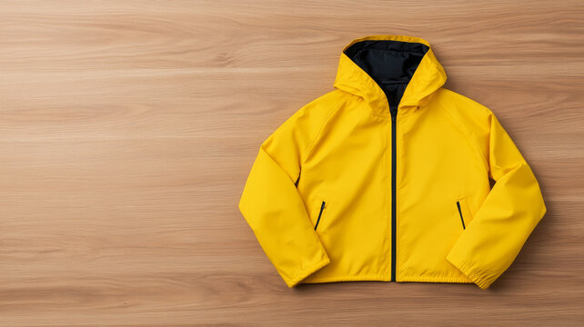 Yellow windbreaker jacket with hood, lightweight outerwear on wooden background, casual style