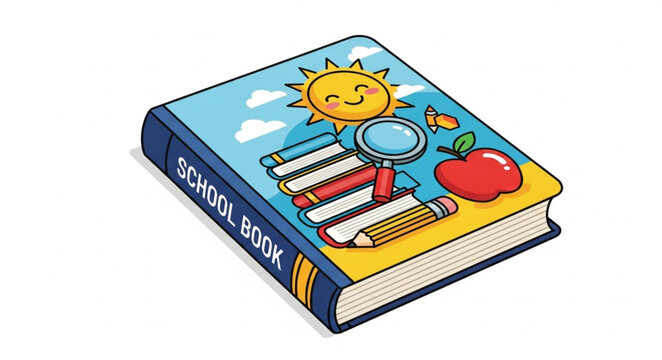 Cartoon school book with educational symbols and sun.