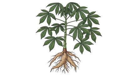 Cassava plant with edible roots and green leaves illustration. © Melinda