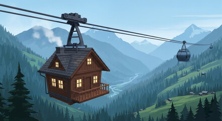Chalet suspended on a cable car line in the mountains. © Melinda