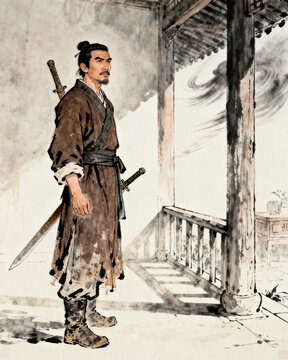 Rugged Chinese Swordsman Sensing Supernatural Wind in a Temple Corrido