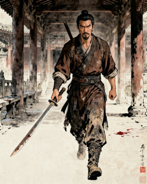 Chinese Swordsman Drawing an Old Sword in a Haunted Temple Corridor