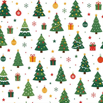 Festive Christmas tree flat seamless pattern with presents ornaments stars and snowflakes on light background holiday design