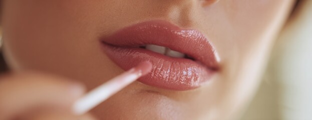 Naklejka premium Woman applying lip gloss with a brush in softly lit setting 