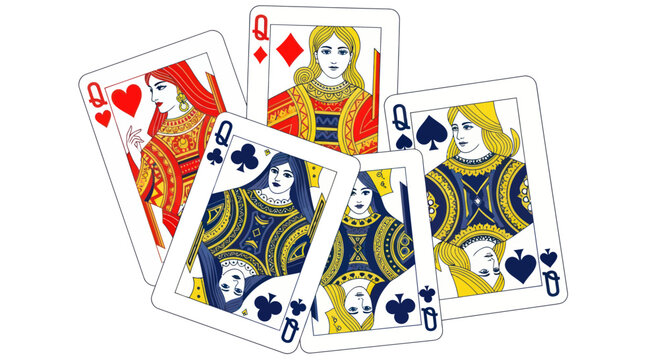 Five Queens of Playing Cards Scattered on White Background