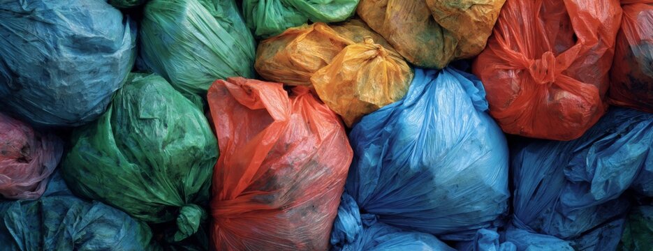 Colorful plastic garbage bags piled together in a chaotic arrangement  