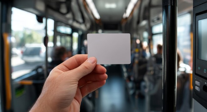Hand holding blank card mockup inside a city bus during daytime  