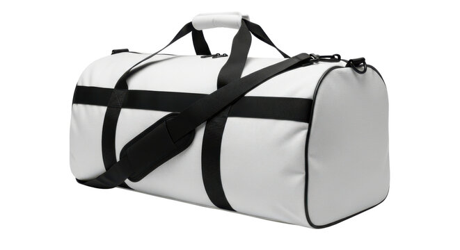 White duffel bag with black straps and trim on black background image