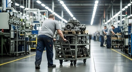 Obraz premium Factory worker pushing cart with automotive parts on assembly line