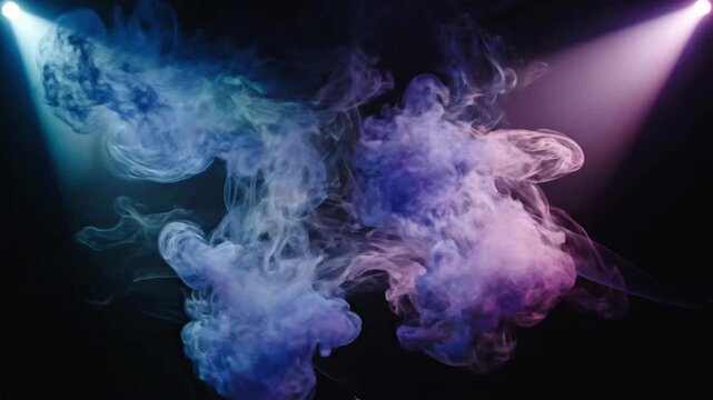 Smoke veils rotate under lights in VSRExport setup at night in studio environment