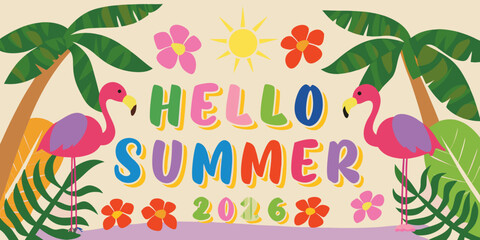 Colorful hello summer typography with flamingos palm leaves and a sun illustration high quality professional © Nikhil