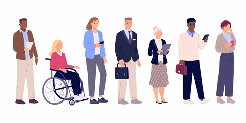 Obraz premium Diverse group of seven people standing together including a person in a wheelchair vector illustration