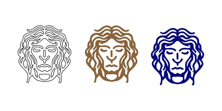 Meditating Man with Wavy Hair Icon , Classical Greek God or Jesus Serene Face Line Art, Philosophical Wisdom and Spiritual Wellness Vector Illustration