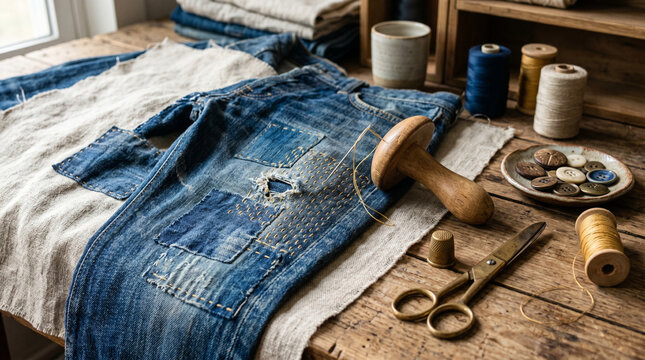 Upcycled denim patchwork with repair tools on wooden workbench surface