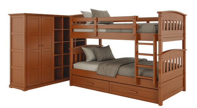 Wooden bunk bed with integrated storage shelves and wardrobe unit on a white background