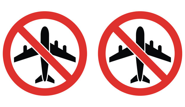 No Flying zone signs with airplane symbols, prohibition and restricted airspace icons, modern flat vector illustration for aviation safety and warning design.