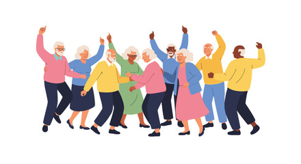 Obraz premium Vibrant group of seniors joyfully dancing together in colorful attire, celebrating with raised arms on a white background, illustrating community and happiness