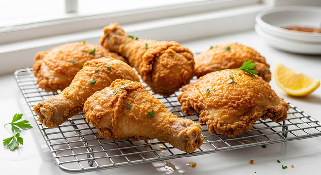 Commercial food magazine photography of extra crispy fried chicken drumsticks and thighs, bright and clean style.