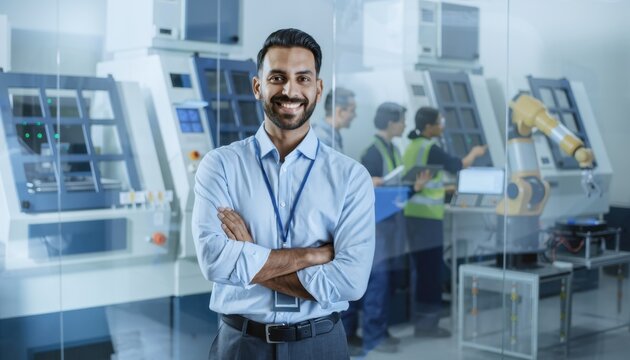 Smiling Engineer in Modern Factory: A confident engineer stands in a modern factory setting with arms crossed, exuding expertise and innovation amidst the machinery and fellow workers. 