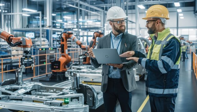 Precision and Innovation: Two engineers in safety helmets collaborating over a laptop on a modern manufacturing floor, robots, and automated machinery in operation.