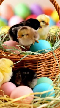 Close up view of chicks exploring colorful Easter basket in spring setting with eggs and straw