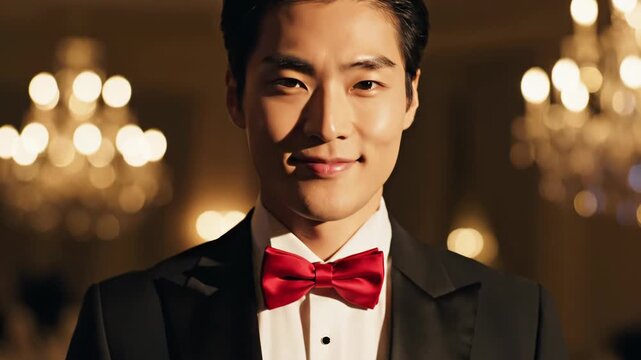 Close-up of a man in a formal black tuxedo with satin lapels and a white dress shirt, adjusting his jacket while wearing a vibrant red silk bowtie in a dimly lit setting.