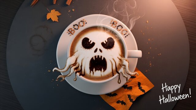 Spooky Halloween Coffee Art with Ghost Face - Cute Seasonal Drink