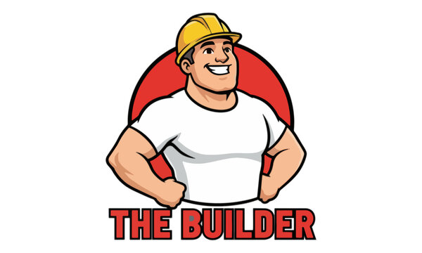 Strong builder mascot logo wearing yellow hard hat vector