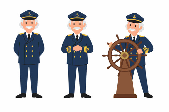 Ship Captain Character Set Standing and Steering Vector Illustration