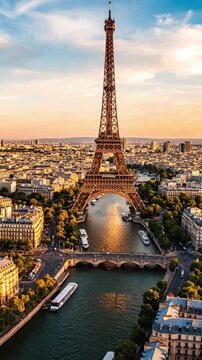 Explore panoramic aerial view of Paris skyline with Eiffel Tower and Seine River at sunset showing city layout and beautiful architecture