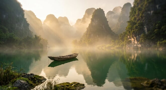 Atmospheric limestone karst mountains at sunrise, traditional wooden boat on calm lake water, misty tropical landscape with morning sun rays