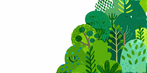 Colorful forest illustration with lush green foliage and abstract tree shapes on white background © Shamal