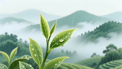 Naklejka premium Guyu solar term fresh tea with rain for vitality