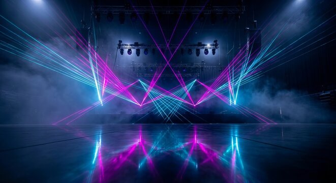 Futuristic Laser Light Show on Concert Stage with Reflective Floor and Fog