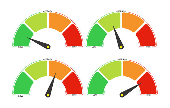 Indicator level meter from low to high. Barometers, dashboard with arrows on transparent background