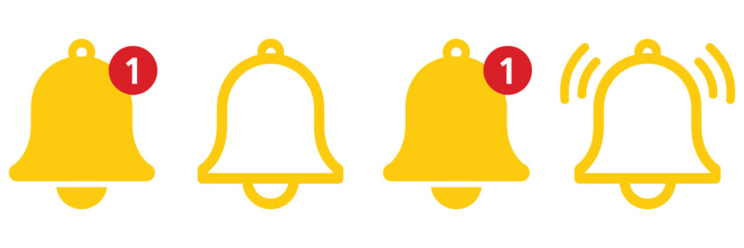 Notification bell icons with alert signals, vector set for app notifications, alarms, reminders and ui communication design.