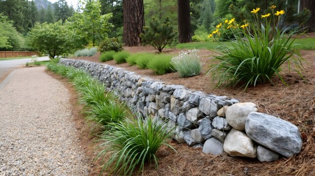 Gabion wall retaining slope with gravel pathway