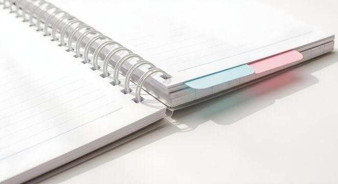 Open spiral notebook with colorful sticky tabs on a white background