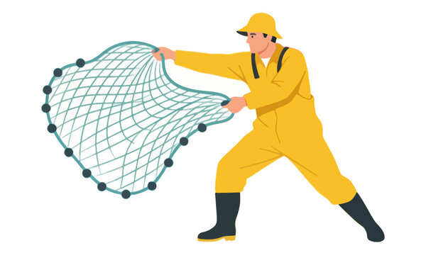 Fisherman in yellow raincoat throwing net vector illustration
