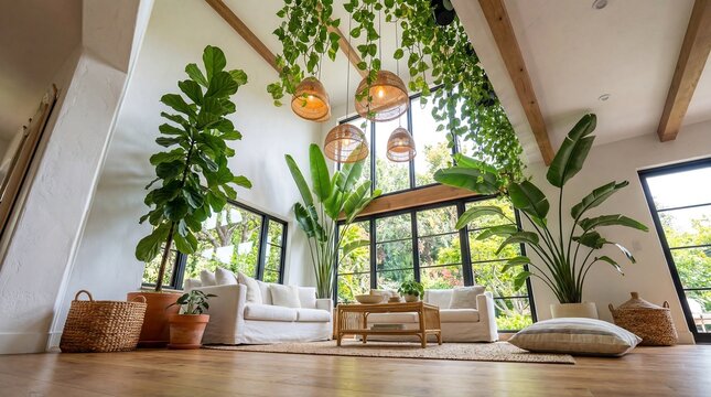 Lush indoor jungle sanctuary with abundant natural light and comfortable seating
