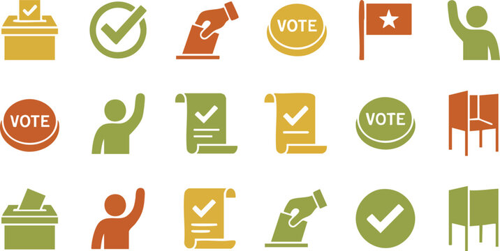 Collection of flat vector icons in earth tones representing the democratic voting process, elections, and civic engagement on a clean white background