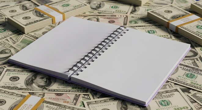 Open spiral notebook lying on a pile of us dollar banknotes, high angle view, financial planning and business concept, 3d rendering