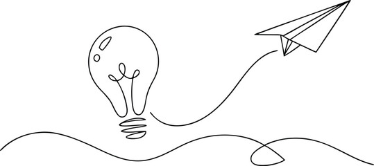 Single line drawing light bulb and paper airplane flying on transparent background. © Rita