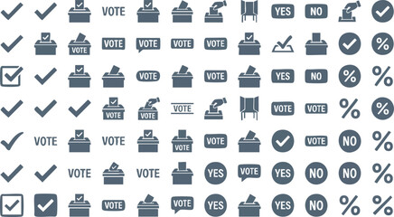 A comprehensive set of minimalist voting and election icons featuring ballot boxes, checkmarks, and polling station symbols for democratic processes. © rama coloring studio