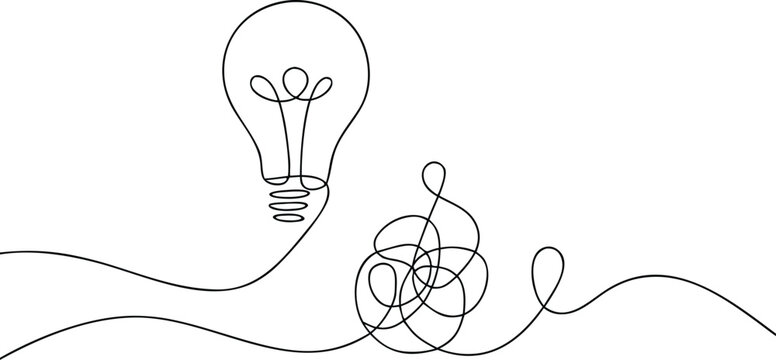 Single line art of electric light bulb and tangled chaotic messy scribble line illustration.