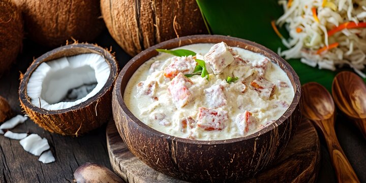 Laplap dish in coconut bowl with taro and coconut cream